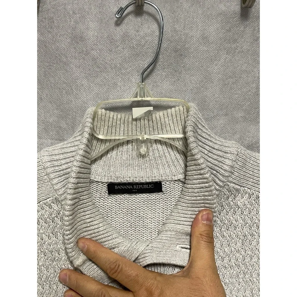 Banana Republic Sweater Men L Ivory Cable Knit Button Mock Neck‎ Nordic Heavy